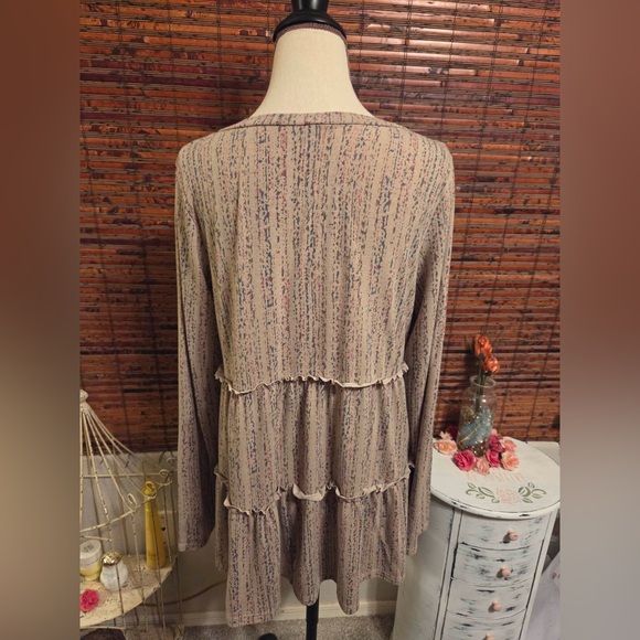 Sew In Love Taupe Multi-Stripe Tiered V-Neck Tunic - Picture 3 of 4
